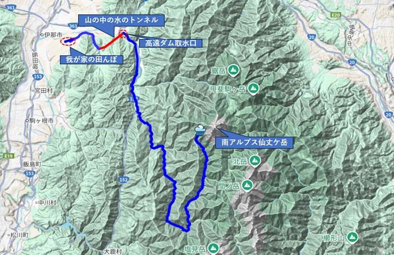 南アルプス仙丈ケ岳を源流とする三峰川の水が我が家の水源