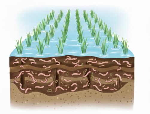 イトミミズと枯れたヘアリーベッチが稲に肥料を供給し続ける様子