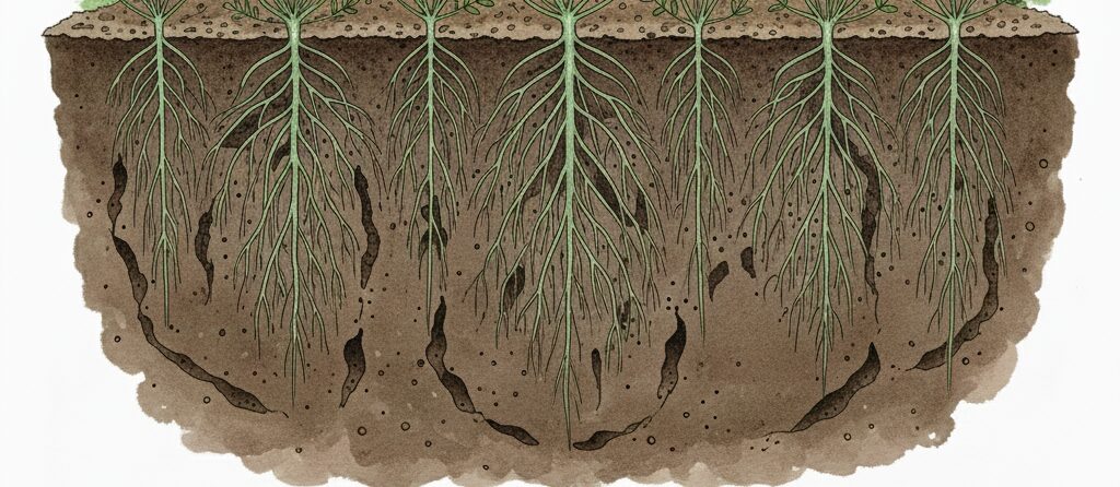 へアリーベッチが春には、地中に長く根を伸ばしている様子