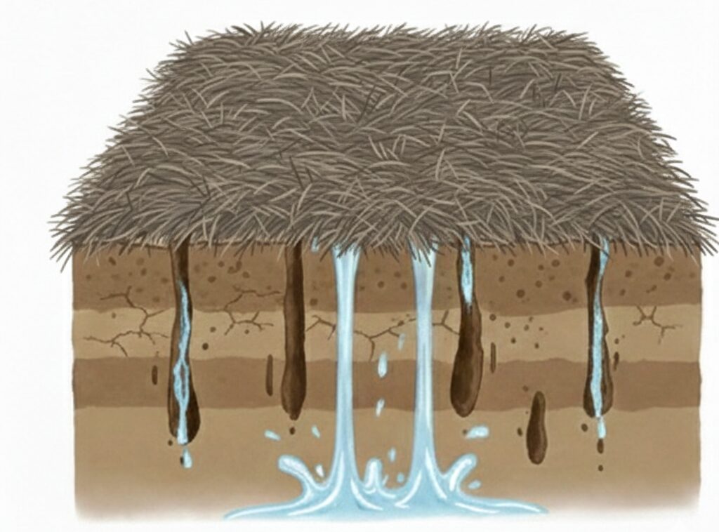刈り取ったヘアリーベッチは枯れた後も、アレロパチー効果と遮光効果が期待できる様子