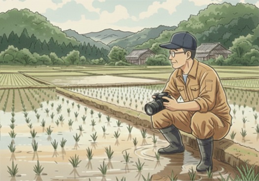 田んぼの様子を観察している小牧久幸